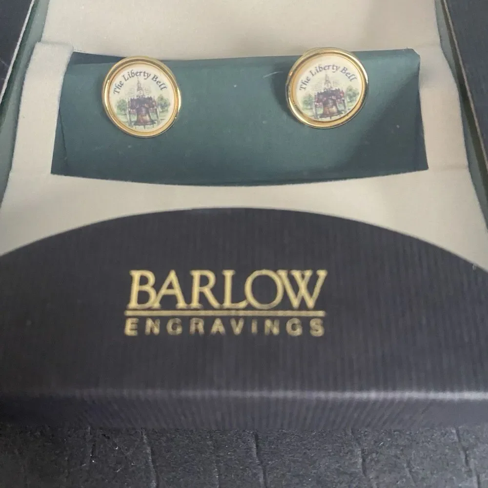 Vtg Stephen Barlow Cuff Links Cufflinks Gold Tone Liberty Bell Independence Day
